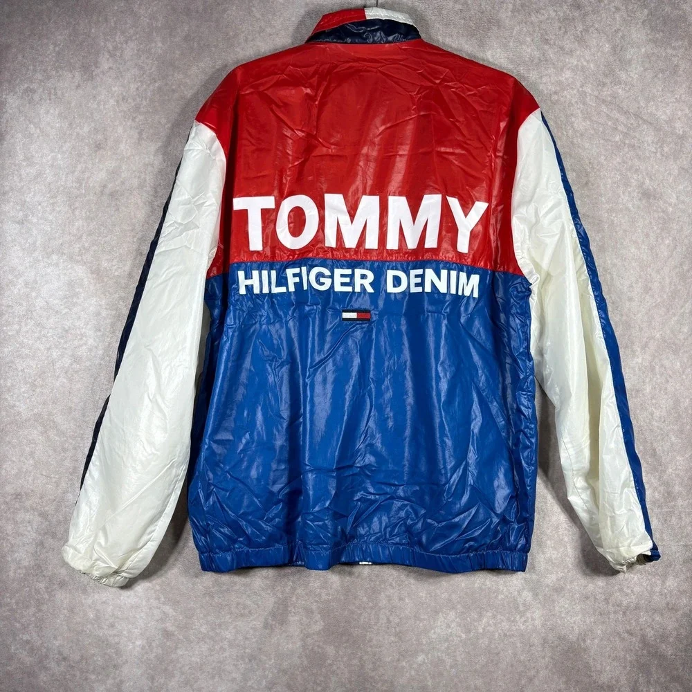Tommy Hilfiger Denim Windbreaker Jacket Mens M Blue White Red Colorblock Y2K